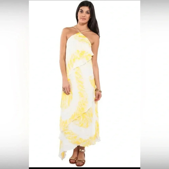 Halston Heritage Halter Asymmetrical Tiered Gown Dress Citron Yellow White - Picture 3 of 6